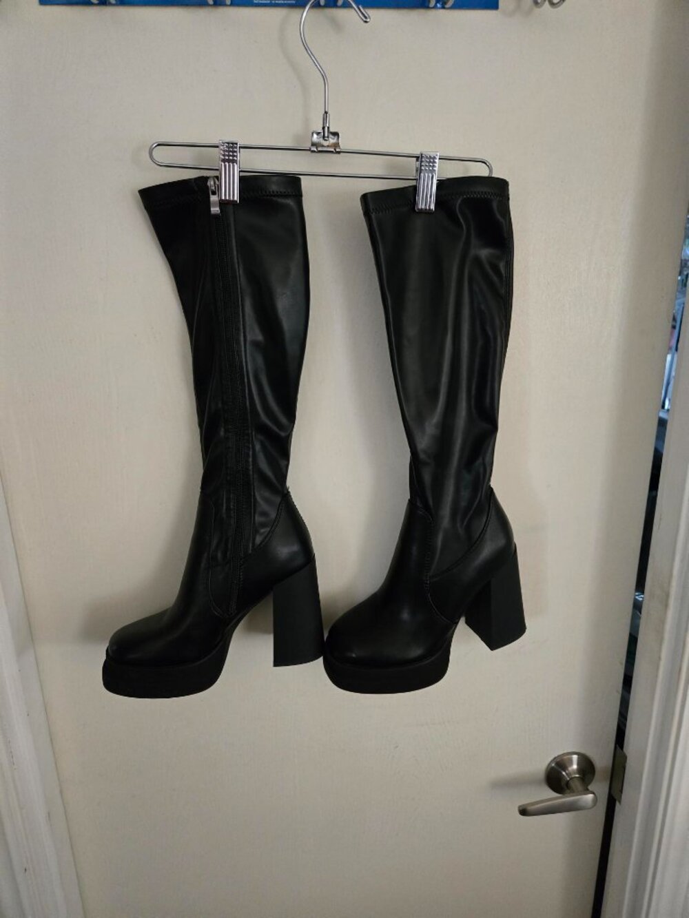 Platform Women's Shoes Stretch Side Zip Block Heels Knee High Boots Pumps S 6.5 - Picture 2 of 10